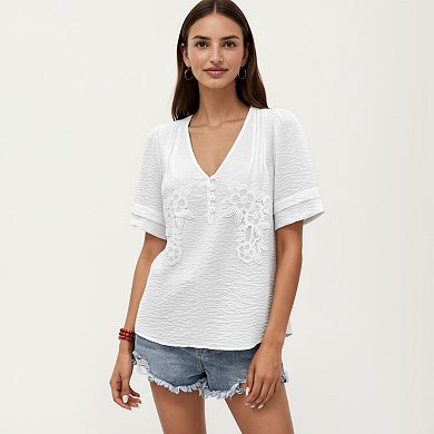 Short Sleeve Blouse with V Neck Button Front Floral Embroidery Textured Casual Top