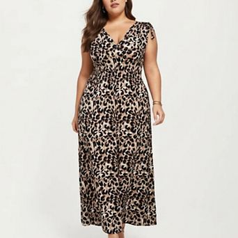Sleeveless V Neck Maxi Dress with Leopard Print Elastic Waist Flowy A Line Long Dress