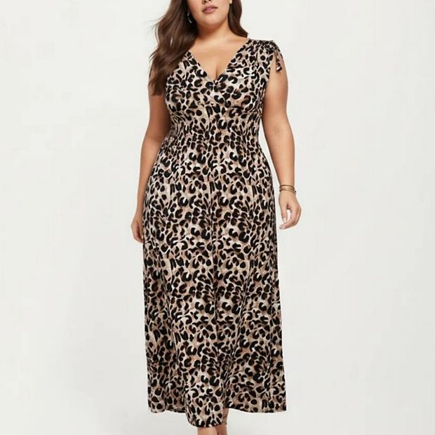Anna-Kaci Sleeveless V Neck Maxi Dress with Leopard Print Elastic Waist Flowy A Line Long Dress, Plus-3X-18W-20W / Brown