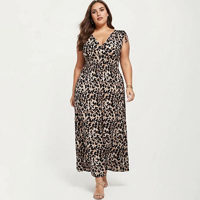 Anna-Kaci Sleeveless V Neck Maxi Dress with Leopard Print Elastic Waist Flowy A Line Long Dress, Plus-3X-18W-20W / Brown