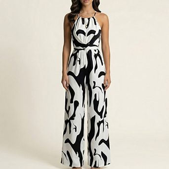 Sleeveless Printed Wide Leg Jumpsuit with Halter Neck Waist Tie Detail Relaxed Fit