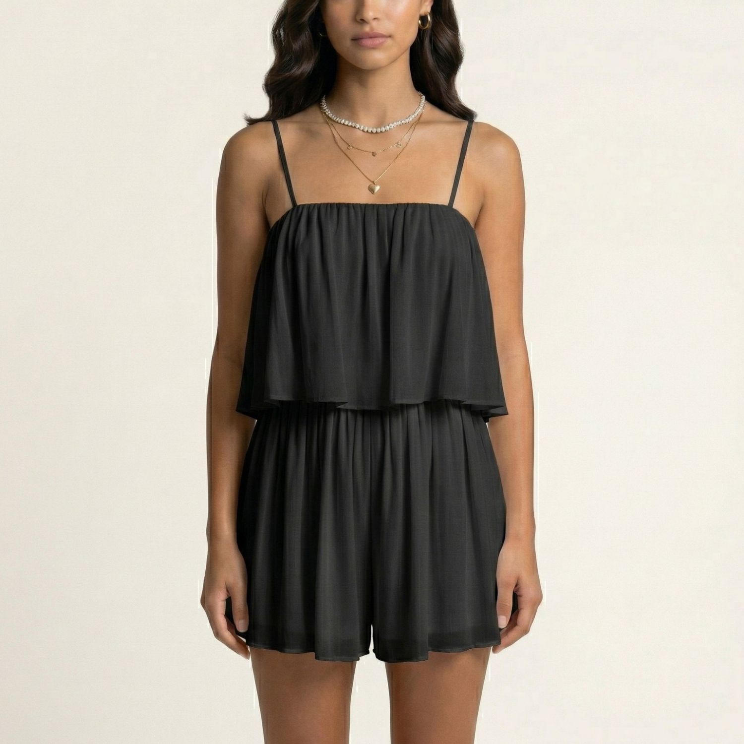 Женские комбинезоны Sleeveless Layered Chiffon Romper with Spaghetti Straps Flowy Ruffle Overlay Relaxed Fit