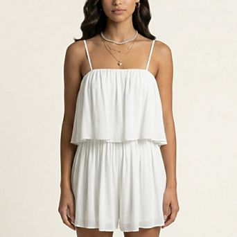 Sleeveless Layered Chiffon Romper with Spaghetti Straps Flowy Ruffle Overlay Relaxed Fit