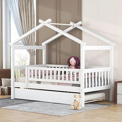 Lufeiya Solid Wood Twin House Bed with Trundle, Daybed Frame with Roof Design