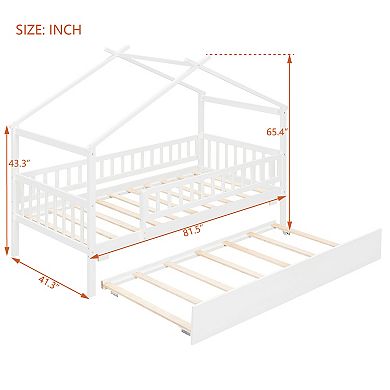 Lufeiya Solid Wood Twin House Bed with Trundle, Daybed Frame with Roof Design
