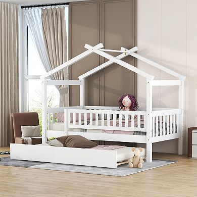 Lufeiya Solid Wood Twin House Bed with Trundle, Daybed Frame with Roof Design