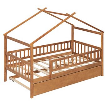 Lufeiya Solid Wood Twin House Bed with Trundle, Daybed Frame with Roof Design