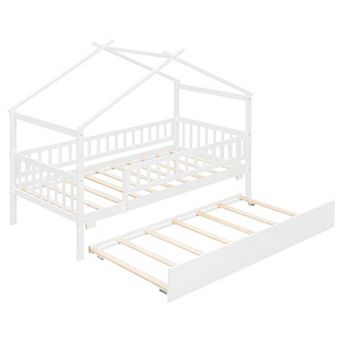 Lufeiya Solid Wood Twin House Bed with Trundle, Daybed Frame with Roof Design