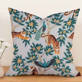 Outdoor Decorative Throw Pillow Cover, 18", 1 Pack, Gray Blue Tiger And Peacock
