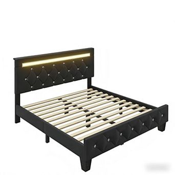 Lufeiya Queen Upholstered Bed Frame with Crystal Diamond Adjustable Headboard and Charging Station