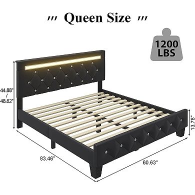 Lufeiya Queen Upholstered Bed Frame with Crystal Diamond Adjustable Headboard and Charging Station