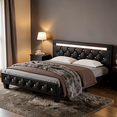 Lufeiya Queen Upholstered Bed Frame with Crystal Diamond Adjustable Headboard and Charging Station
