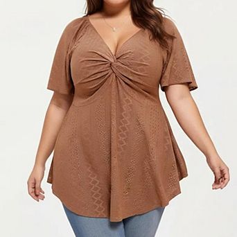 Women's Plus Size Short Sleeve Twist Front V Neck Peplum Top with Textured Eyelet Fabric Blouse