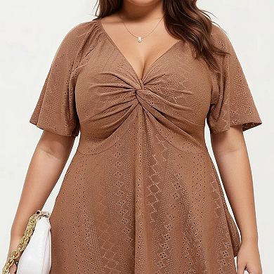 Women's Plus Size Short Sleeve Twist Front V Neck Peplum Top with Textured Eyelet Fabric Blouse