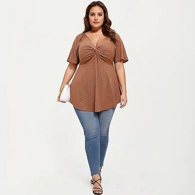 Women's Plus Size Short Sleeve Twist Front V Neck Peplum Top with Textured Eyelet Fabric Blouse