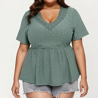 Women's Plus Size Short Sleeve Peplum Top with V Neck Lace Trim Eyelet Knit Fabric Relaxed Fit Shirt