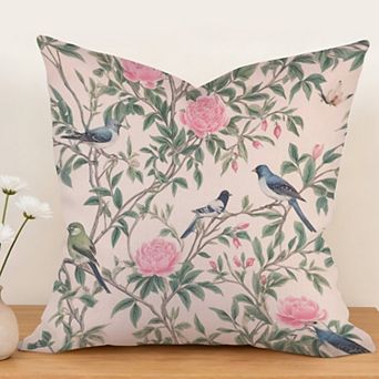 Chinoiserie Tree Peony Bird Floral Coral Turquoise Decorative Throw Pillow, 18" Pillow Cover