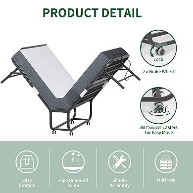 VIYET 75"x46" Wide Folding Bed with Adjustable Headboard - 5" Memory Foam Heavy Duty Rollaway Bed