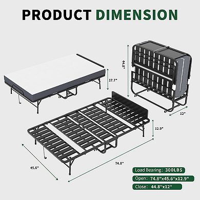 VIYET 75"x46" Wide Folding Bed with Adjustable Headboard - 5" Memory Foam Heavy Duty Rollaway Bed