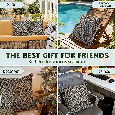Outdoor Decorative Throw Pillow Cover, 18", 1 Pack, Thibaut Ikat Floral Navy Blue