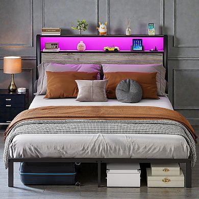 Lufeiya Full Size Platform Bed Frame with RGB LED Headboard, USB Charging Ports, Storage Shelves
