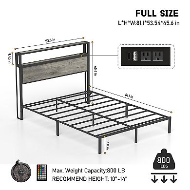 Lufeiya Full Size Platform Bed Frame with RGB LED Headboard, USB Charging Ports, Storage Shelves