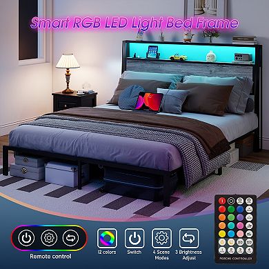 Lufeiya Full Size Platform Bed Frame with RGB LED Headboard, USB Charging Ports, Storage Shelves