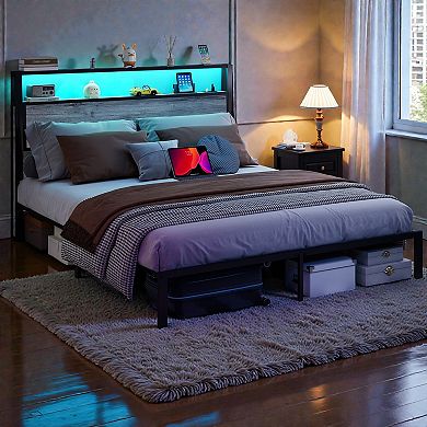 Lufeiya Full Size Platform Bed Frame with RGB LED Headboard, USB Charging Ports, Storage Shelves