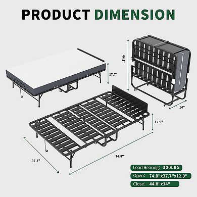VIYET 75" Folding Bed with Adjustable Headboard - 5" Memory Foam Rollaway Bed
