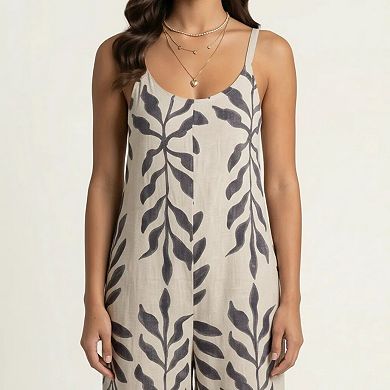 Sleeveless Printed Wide Leg Jumpsuit with Spaghetti Straps Relaxed Fit Flowy One Piece