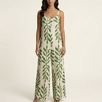 Sleeveless Printed Wide Leg Jumpsuit with Spaghetti Straps Relaxed Fit Flowy One Piece