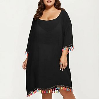 Plus Size Sheer Cover Up Dress with Tassel Trim Loose Fit Scoop Neck Beach Swim Cover Up