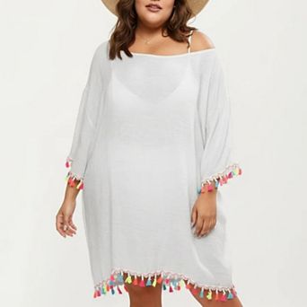 Plus Size Sheer Cover Up Dress with Tassel Trim Loose Fit Scoop Neck Beach Swim Cover Up