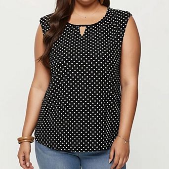 Women's Plus Size Sleeveless Blouse with Keyhole Neck Polka Dot Print Lightweight Woven Fabric Top