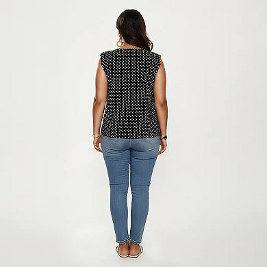 Women's Plus Size Sleeveless Blouse with Keyhole Neck Polka Dot Print Lightweight Woven Fabric Top