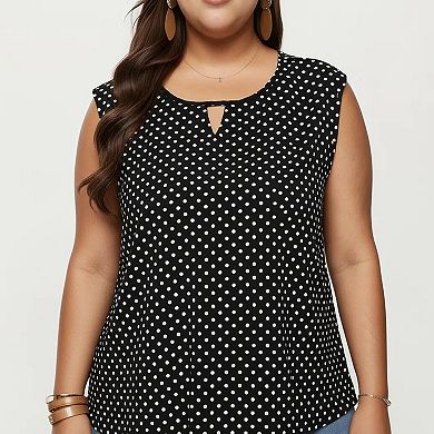 Women's Plus Size Sleeveless Blouse with Keyhole Neck Polka Dot Print Lightweight Woven Fabric Top