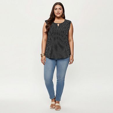 Women's Plus Size Sleeveless Blouse with Keyhole Neck Polka Dot Print Lightweight Woven Fabric Top