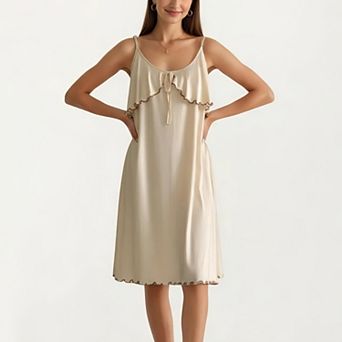 Sleeveless Pajama Dress with Spaghetti Straps Tie Front Ruffle Trim Nightgown Relaxed Fit Sleepwear