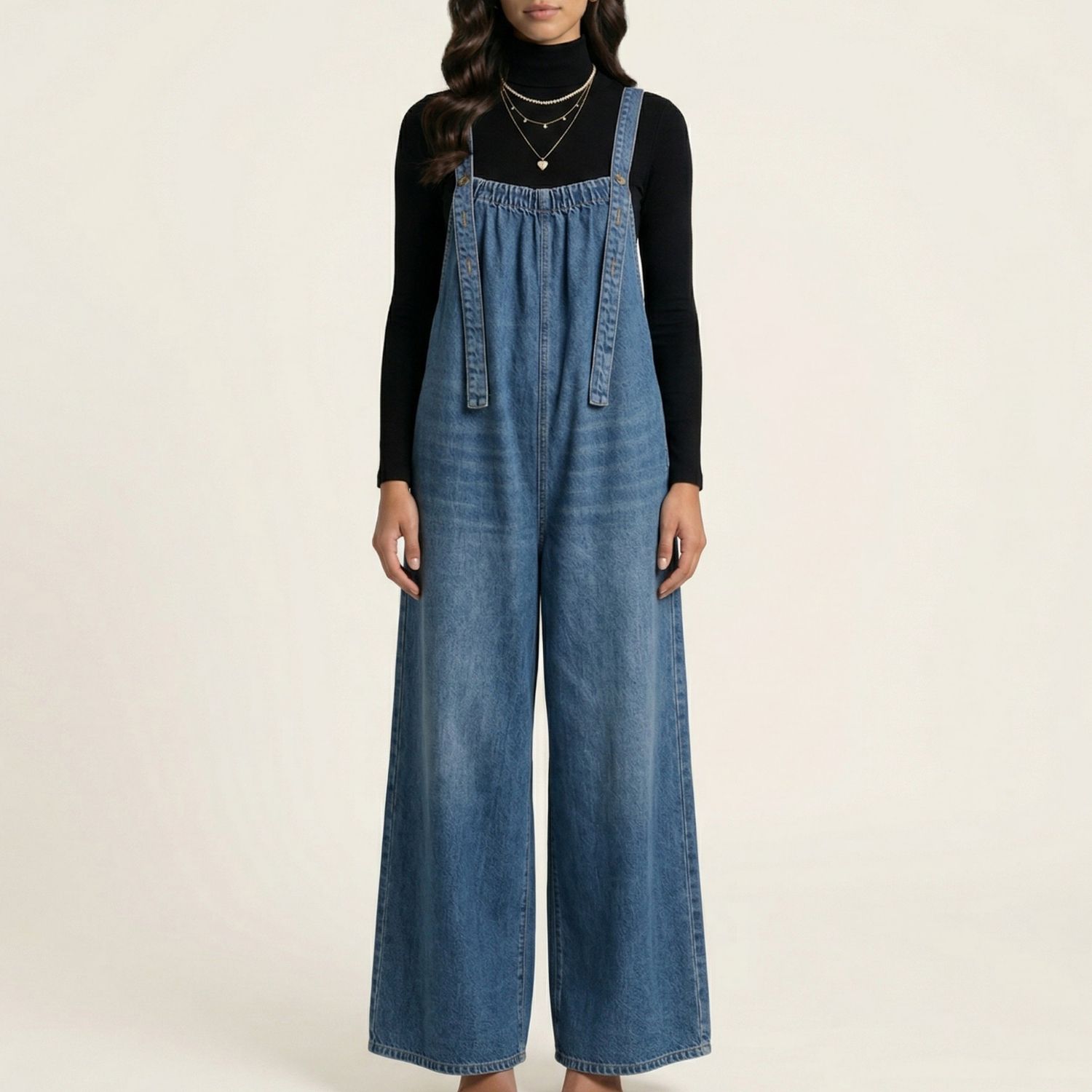 Женские комбинезоны Sleeveless Wide Leg Denim Jumpsuit with Gathered Neckline Adjustable Shoulder Straps Loose Fit