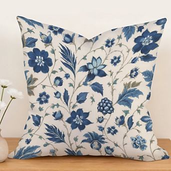 Decorative Throw Pillow, 18" Pillow Cover Singular, Lake Blue Chinoiserie Floral