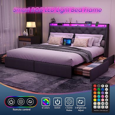 Lufeiya Full Size Floating Upholstered Platform Bed with RGB Headboard Lighting, Storage Drawers