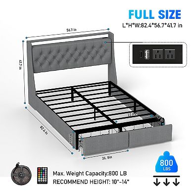 Lufeiya Full Size Floating Upholstered Platform Bed with RGB Headboard Lighting, Storage Drawers