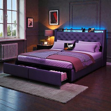 Lufeiya Full Size Floating Upholstered Platform Bed with RGB Headboard Lighting, Storage Drawers