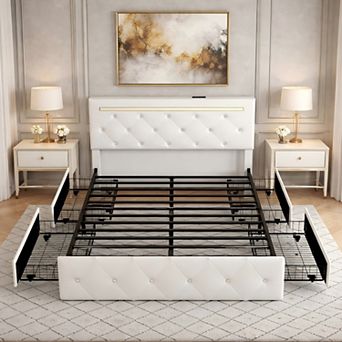Lufeiya Adjustable PU Leather Queen Size Upholstered Bed Frame with Charging Station