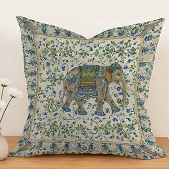 Outdoor Decorative Throw Pillow, 18" Pillow Cover Singular, Chinoiserie Floral And Elephant Blue