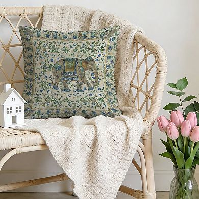 Outdoor Decorative Throw Pillow, 18" Pillow Cover Singular, Chinoiserie Floral And Elephant Blue