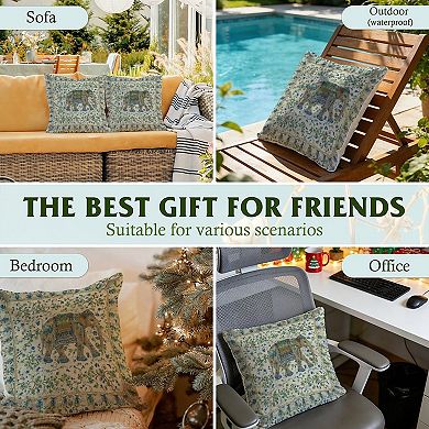 Outdoor Decorative Throw Pillow, 18" Pillow Cover Singular, Chinoiserie Floral And Elephant Blue