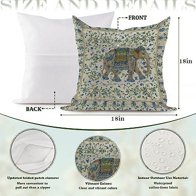 Outdoor Decorative Throw Pillow, 18" Pillow Cover Singular, Chinoiserie Floral And Elephant Blue