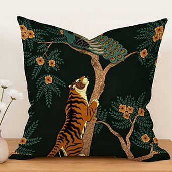 Decorative Throw Pillow, 18" Pillow Cover Singular, Tropical Jungle Animal Tiger Peacock