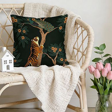 Decorative Throw Pillow, 18" Pillow Cover Singular, Tropical Jungle Animal Tiger Peacock